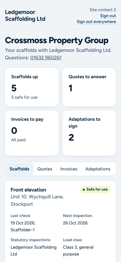 The client portal on a phone for a main contractor: scaffolds up, quotes to answer, invoices and adaptations