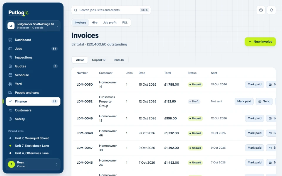 Invoices. Every invoice, paid, unpaid or draft, with Send and Mark paid.