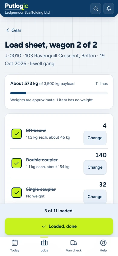 A wagon load sheet on the phone: whole rows ticked, a Change button, and the bar saying how many are loaded